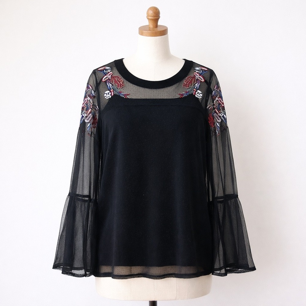 Boho Blouse Womens M Black Pindot Mesh Embroidery Witchy Whimsigoth